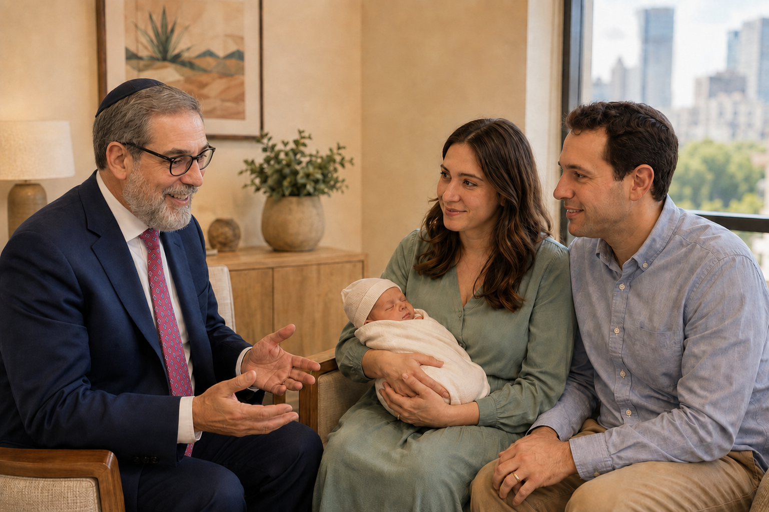 Rabbi Mike speaking with Dallas parents holding their newborn during a calm, personal circumcision consultation.