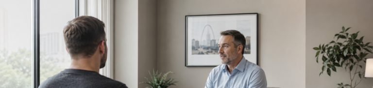 Adult man having a private circumcision consultation with an experienced specialist in a St. Louis medical office.